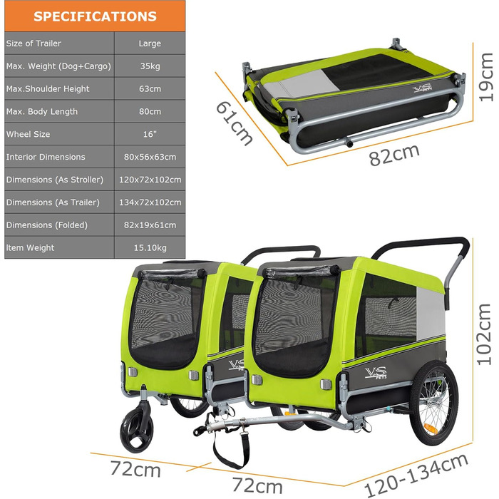 Візок для собак Tiggo VS Pets 2-в-1: візок та велосипедний причіп, великий, 270 л, до 35 кг, зелений