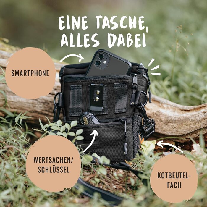 Сумка для ласощів для собак Rudelkönig - Практична сумка для прогулянок з собакою для дресирування - Фуршетний мішечок для собак з дозатором пакетів для вигулу (Basic, Чорний)