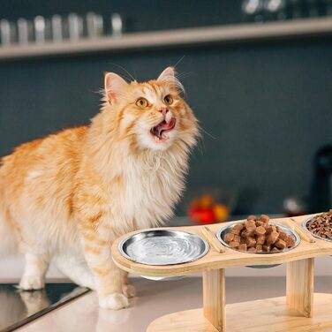 Підвищена годівниця для котів LEKEFETO з 3 мисками з нержавіючої сталі, регульована висота, дерев'яний підставник, годівниця та миска для води для котів та маленьких собак