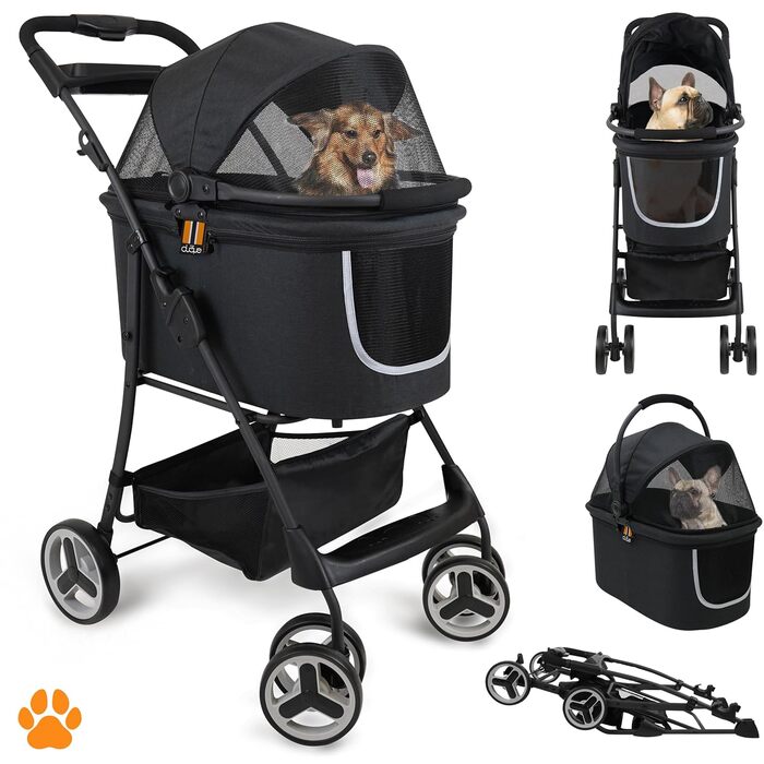 Візок для собак CECE 2 в 1 з переносною коробкою | Складаний візок-коробка для собак з додатковим кошиком для покупок | Використання як візок або безпечний переноска – Меланж (Чорний)