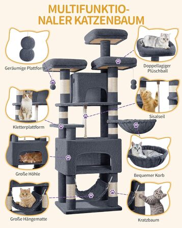 Кігтеточка для котів Hzuaneri 176 см, XL, 3 платформи, 2 печери, 7 стовпчиків, гамак, плюшеві кульки, для багатокотових сімей, темно-сірий MS17618SG