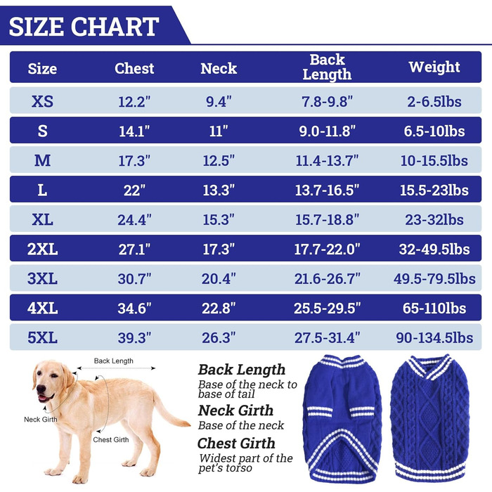 Світер для собак - теплий для чихуахуа, елегантний, з V-подібним вирізом, для маленьких, середніх та великих собак (синій, XS)