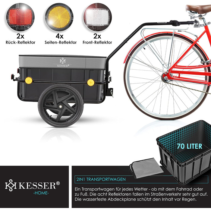 Причіп для велосипеда KESSER®: вантажний, ручний, з кутом нахилу, об'ємом 70 літрів (2 ящики пива) + аксесуари, 26-28 дюймів (сірий)