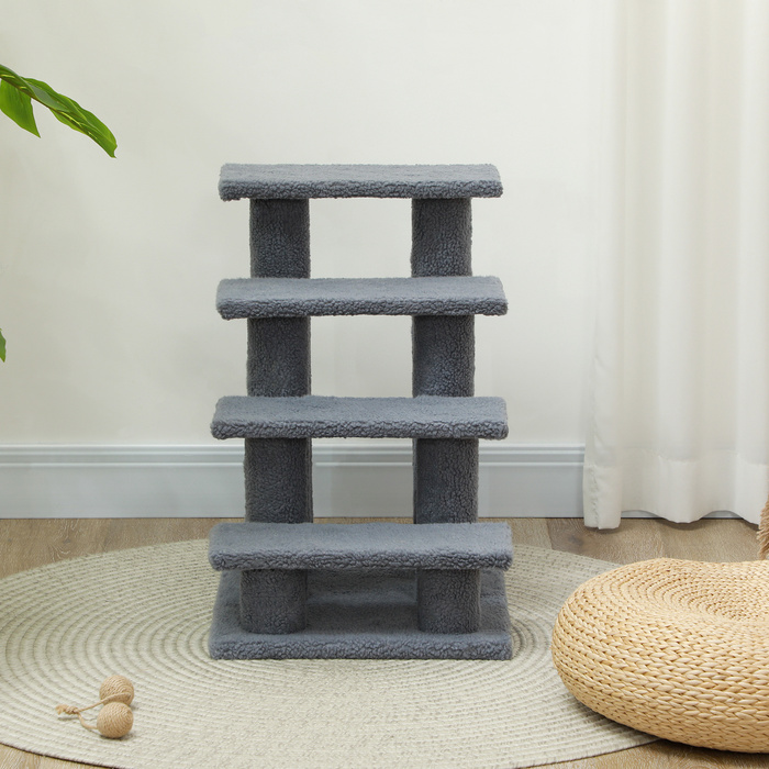 PawHut Pet Stairs Cat Stairs Сходи для собак 4 сходинки сірі 63.5x43x60см для кішок і собак, ідеально підходять для людей похилого віку та маленьких тварин