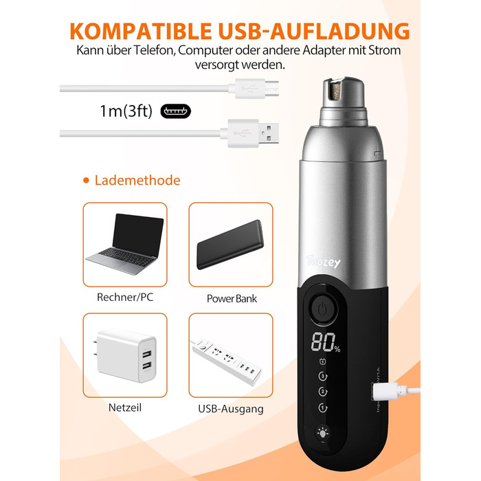 Точилка для кігтів собак Toozey з LED-підсвіткою, тиха (40 дБ), 3 швидкості, акумулятор 7,5 год, USB, для котів та собак