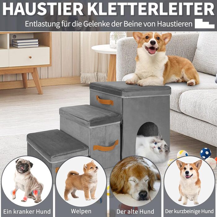 Сходинка для тварин OUUTMEE: складана сходинка для собак та котів з місцем для відпочинку, сіра (3 яруси з гніздом, 3 сходинки)