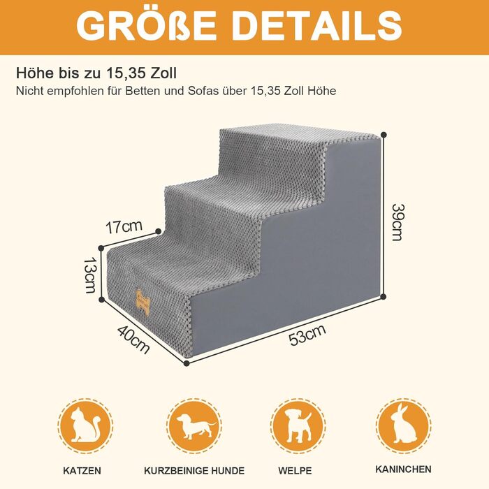 Сходинки для собак Непфайві: 3 сходинки, зручні для маленьких собак, знімний чохол, протиковзке покриття, 45x40x34 см (сірий)