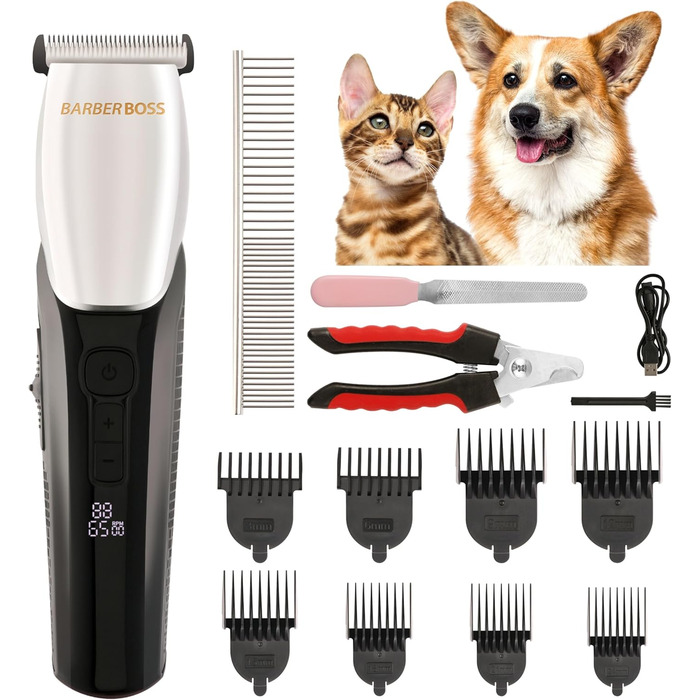 Бездротова машинка для стрижки собак та котів BarberBoss QR-9083 з 8 насадками, LED-дисплеєм та 4 швидкостями