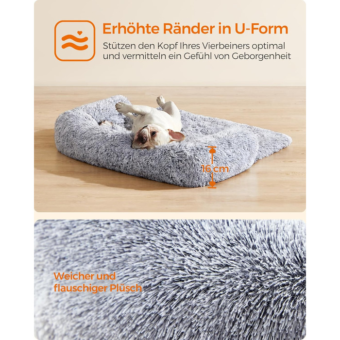 Ліжко для собак Feandrea FluffyHug, плюшеве, м'яке, розмір M, 80 x 75 x 16 см, сірий колір, для маленьких та середніх собак