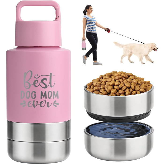 KEWIXY Водяна пляшка для собак з мисками, 3-в-1, для прогулянок, подорожей, кемпінгу, Outdoor (Рожевий, 907.2 мл)