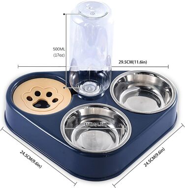 Миска для кота з нержавіючої сталі 3-в-1 з автоматичним дозатором води, подвійна миска для котів та собак маленьких та середніх порід (Блакитна)