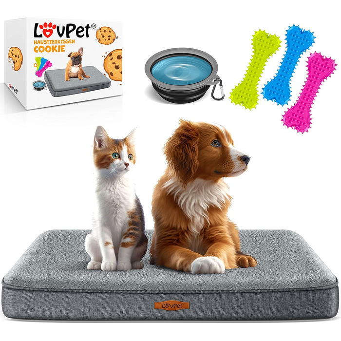 Ортопедичне ліжко для собак Lovpet Cookie XL, антрацит, з мискою і 3 кісточками, знімний і праний чохол, для малих, середніх і великих собак