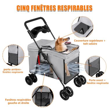 Дитяча коляска для собак та котів Homewell, сіра, складана, до 20 кг, з сіткою, ременями та тримачем для напоїв