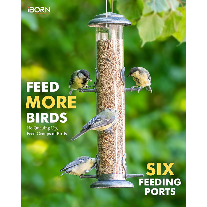 Годівниця для птахів iBorn, металева годівниця для підгодовування з 6 місцями для підльоту, 38 см, срібна