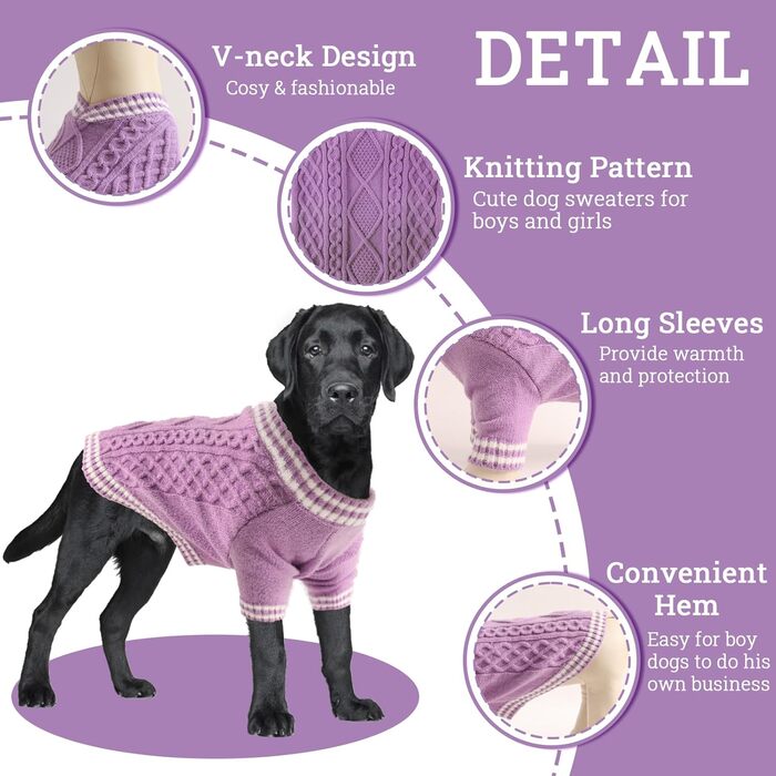 Теплий в'язаний пуловер для собак великих порід, V-подібний виріз, для Французького бульдога, Лабрадора, Німецької вівчарки (Lila XXL) 2XL Lila
