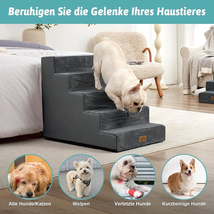 Сходинка для собак маленьких порід, 5 сходинок, 60 см, знімний чохол (темно-сірий, 75x50x60 см)