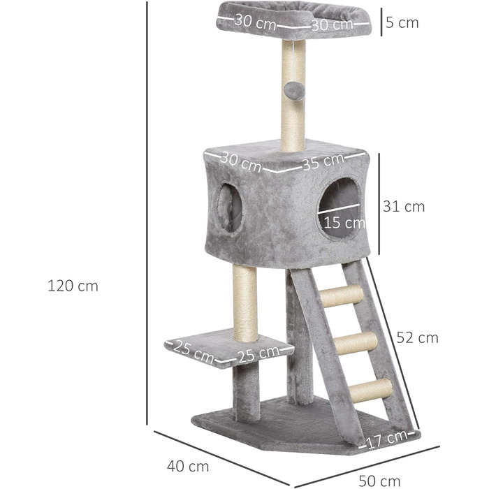 Кігтеточка PawHut 120 см для котів з будиночком, іграшкою, сизалевими стовпцями, платформою та сходами, багатоярусна, сірого кольору