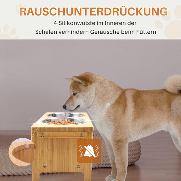Підвищені годівниці для собак HTB, бамбук, 2 нержавіючі миски, 44x24x18 см, 18 см висота, для собак середніх та великих порід