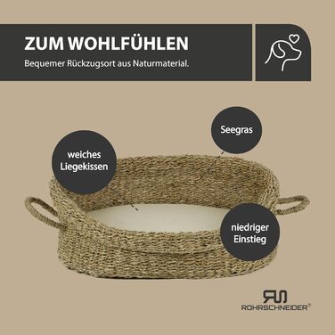 Корзина для собак Rohrschneider з ручками для маленьких та середніх собак | Ручна плетіння з морської трави, посилений високий борт | Знімний, пральний чохол | Розмір 1 (51 x 43 см)