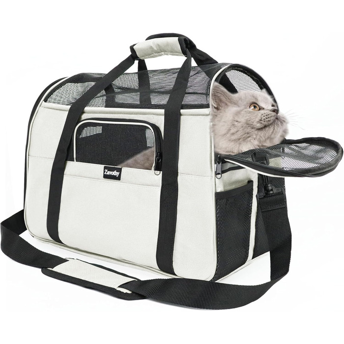 Транспортна сумка для котів та собак, дихаюча та складна, з регульованим плечовим ременем, знімний плюшевий матрац (Бежева, M)