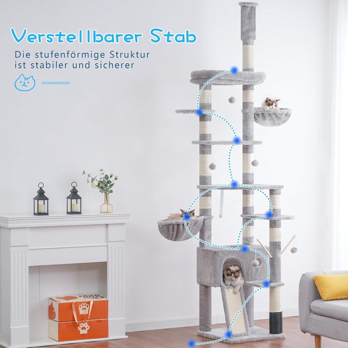 Котячий будиночок Hey-brother Kratzbaum: регульований котячий комплекс 250-280 см, до стелі, для великих котів, з гніздом, сірий, 0MPJ091W