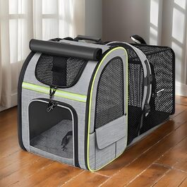 Висувний рюкзак для котів | Транспортна сумка для котів – переноска для тварин, розширювана, дихаюча, складна, для подорожей, піших прогулянок, транспортування (Сірий з зеленими краями)
