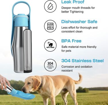 Водяна пляшка для собак на прогулянці - витокозахисна, з нержавіючої сталі, подвійні стінки, вакуумна ізоляція, 750 мл (Блакитна)
