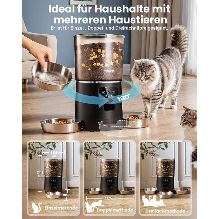 Автоматичний годівниця для котів з Wi-Fi та таймером, 6 л / 25 чашок, 3 миски, 3 пакети силікагелю, система проти застрягання, 2.4G Wi-Fi, запис голосу 10 секунд, чорний