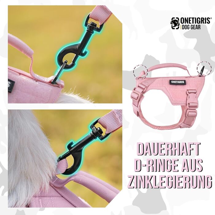 Шлейка для собак OneTigris MINI Trooper, рожева, XS, з повідком 150 см, з ручкою для контролю та 2 позиціями для буксирування