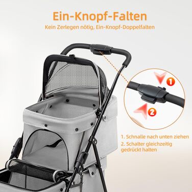 Візок для собак Homewell 2 в 1, сірий, 67x50x95 см: двоярусний, з підсклянниками, складний, з гальмом