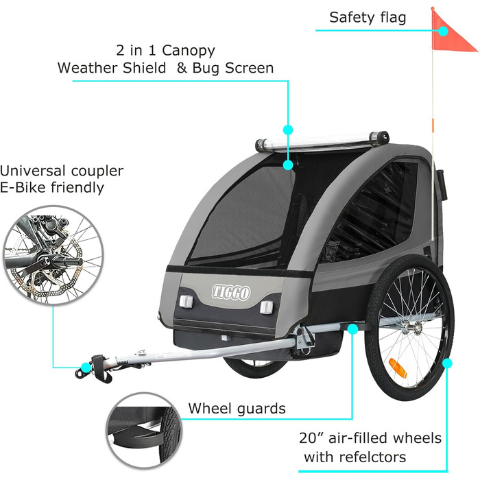 Дитячий причіп Tiggo 2-в-1 для велосипеда: причіп-велосипед, сірий, 50402