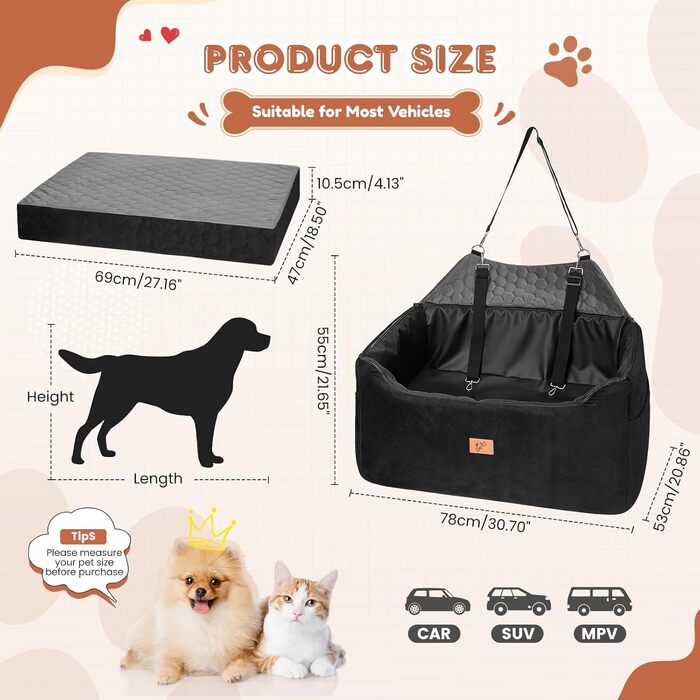 Автомобільний лежак для собак середніх та великих порід 78x55x53 см, знімний, миючий, з поводом, водонепроникний чохол, для великих собак