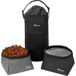Сумка для корму для собак PetAmi | Сумка-переноска для сухого корму з розкладним набором мисок для води | Контейнер для корму для домашніх тварин для подорожей, кемпінгу, походів, аксесуари (чорний, сірий) Food Bag & Collapsible Bowls Чорний