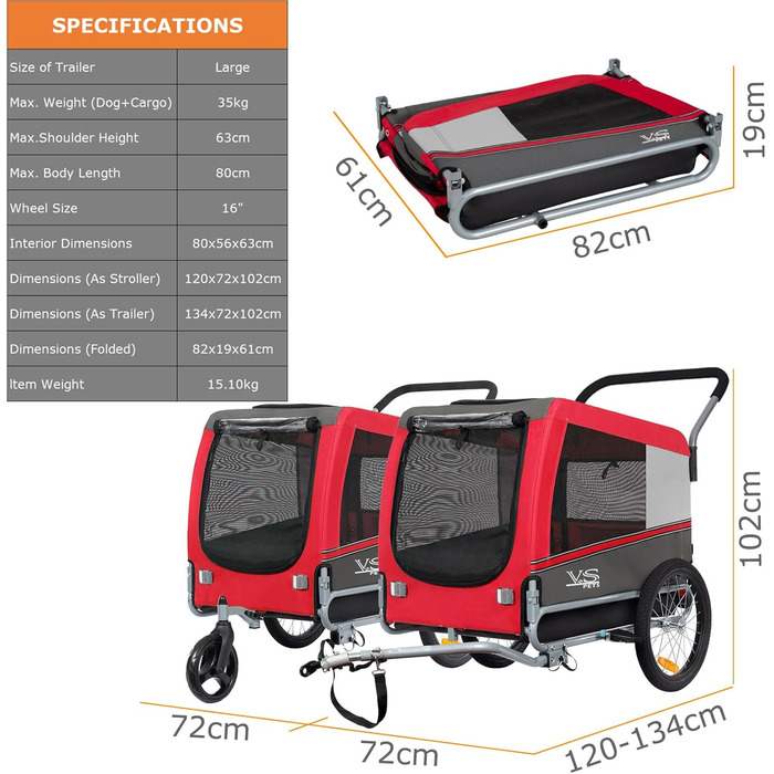 Візок для собак Tiggo VS Pets 2-в-1: візок та велопричіп, для собак до 35 кг, об'єм 270 л (червоний)
