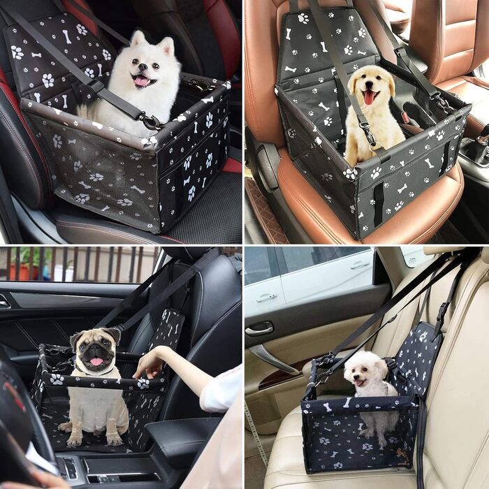Автомобільний сидіння для собак на переднє пасажирське місце - чорний, з принтом лап, з ременем безпеки, водонепроникний, складна подушка