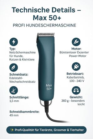 Машинка для стрижки собак Rotschopf24 MAX50+ з чохлом та 2 металевими гребінцями (6+13 мм). Потужна, тиха, надійна.