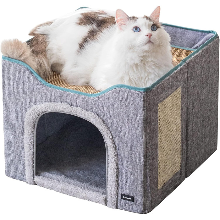 MIU PET Великий складаний 2-в-1 будинок для котів для дому, оновлений котячий будинок і лежак, 2 двосторонні подушки та літній матрац, для всіх сезонів, укриття для котів із кігтеточкою