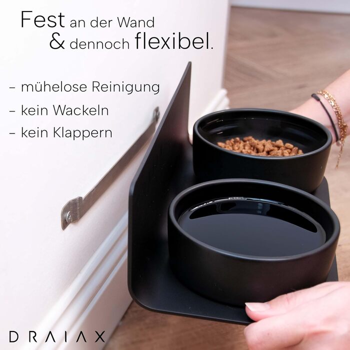 Керамічна підвищена миска DRAIAX ElegantFeed S для котів і малих собак, чорна, настінна, знімна, годівниця для корму і води