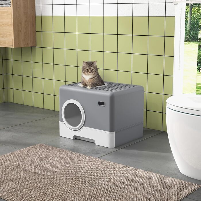 Туалет для котів PawHut з кришкою і лопаткою, 2 виходи, пластик, сірий, для котів до 4 кг, 52x41x38,5 см