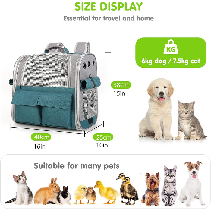 Рюкзак для тварин PETCUTE: переноска для собак та котів, знімний килимок, безпечний ремінь, зелений