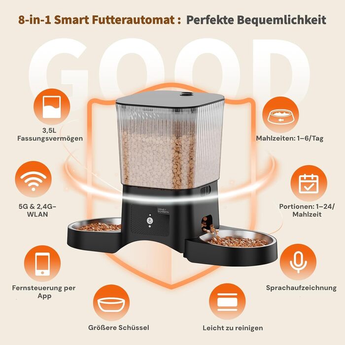 Автоматичний годівник для котів та собак HoneyGuardian з Wi-Fi, 2 миски, 3.5L, чорний