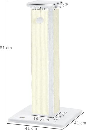 Кігтеточка PawHut для котів, 81 см, з натурального сизалю, м'який плюш, кулька, білий колір, 41 x 41 x 81 см