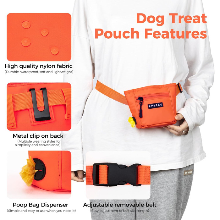 Сумка для ласощів для собак з металевим кліпом на пояс, міцна застібка-магніт, велика місткість, диспенсер для пакетів для вигулу (Помаранчевий)