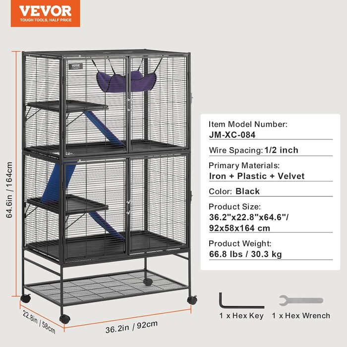VEVOR Клітка для фреток і гризунів 92x58x164 см, 4-рівнева металева, з трапами і піддоном, легка збірка, для декоративних щурів, хом'яків, морських свинок, шиншил, білок, їжаків, кроликів