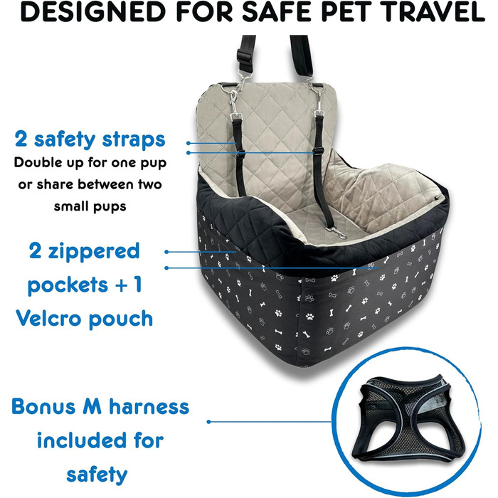 Автокрісло для собак маленьких та середніх порід, Memory Foam, з товстим подушками, вага до 15,9 кг, 3 кишені на блискавці, 2 ремені безпеки, шлейка в комплекті (Чорний, M шлейка)