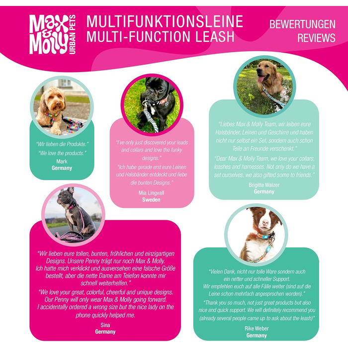 Повідок для собак Max & Molly 2м, мультифункціональний, з 2 карабінами, леопардовий рожевий, розмір L, м'яконабивний, безпечний і гнучкий