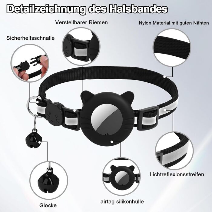 Робофан SmartTag ошийник для кота з GPS трекером, відбиваючий, сумісний з Apple Find My (тільки iOS), чорний