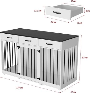 Клітка для собак з 3 ящиками, 137x57x85 см, клітка-будка для собак середніх порід, переноска для собак, білий та чорний колір, для дому