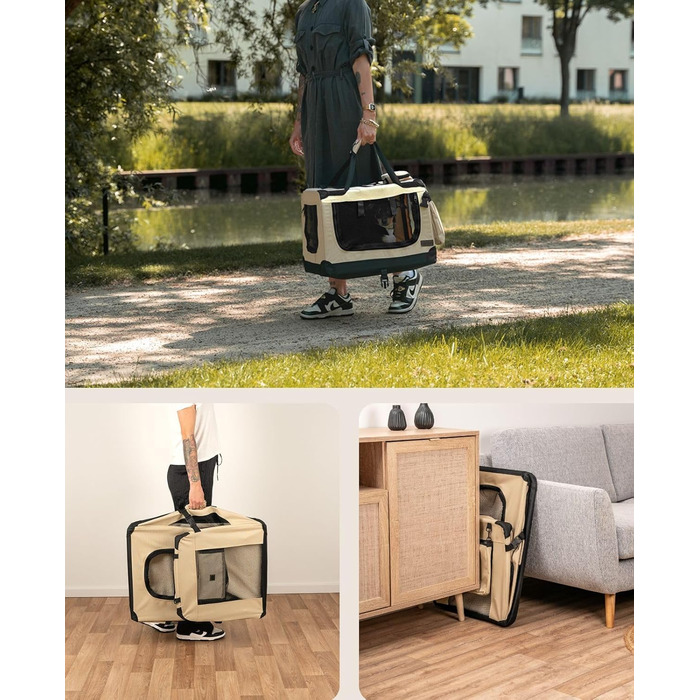 Складаний контейнер-переноска lionto для собак і котів, 50x34x36 см, текстильна транспортна коробка з ручками та килимком, для подорожей і авто, для тварин до 10 кг, бежева