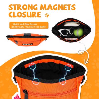 Сумка для ласощів для собак великого об'єму, багатофункціональна, на плечі, з міцним магнітним закриттям, регульований знімний ремінь, сумка для корму для собак (Помаранчевий)